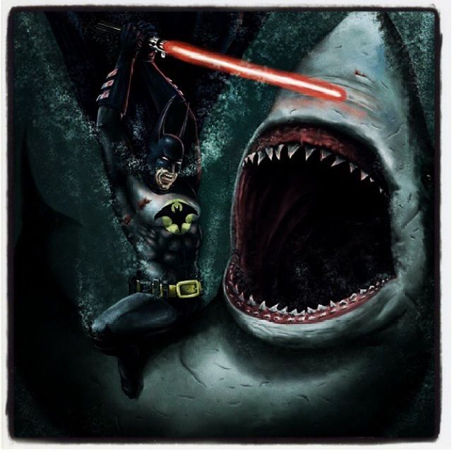 Funny batman fighting shark